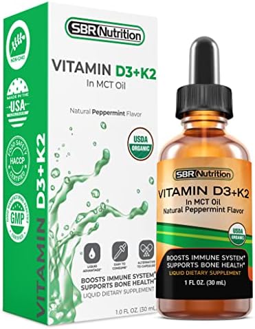 SBR Nutrition MAX Absorption, Vitamin D3 + K2 (MK-7) Liquid Drops with MCT Oil, Peppermint Flavor, Helps Support Strong Bones and Healthy Heart