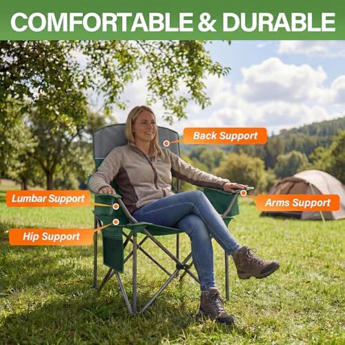 Oversized Camping Chairs 2 Pack - Heavy Duty 400LBS Padded Lawn Chair with Cooler Bag,Cup Holder,Side Pocket,Collapsible for Outdoor,Camp,Fishing & Garden,Dark Green