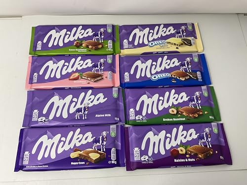 Milka European Chocolate Bars Variety Pack of 8 Full Size Bars, No Duplicate Chocolate