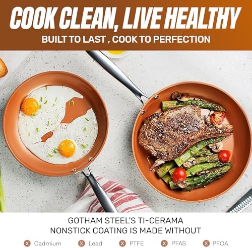 Gotham Steel 9.5 Inch Copper Non Stick Frying Pans Skillet | Ceramic Non Toxic Coating Made Without PFOA/PTFE/PFOS, Lightweight, Stay Cool Handle, Oven and Dishwasher Safe