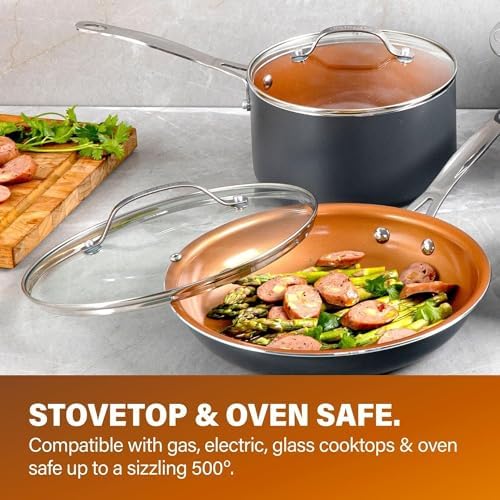 Gotham Steel Hard Anodized Pots and Pans Premium Cookware Set with Ultimate Nonstick Ceramic & Titanium Coating, Oven and Dishwasher Safe, Copper