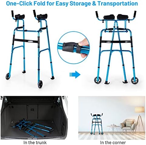Goplus Walkers for Seniors, Foldable Standard Walker with 5’’ Wheels and Removable Padded Armrests 220lbs, Lightweight Walking Mobility Aid