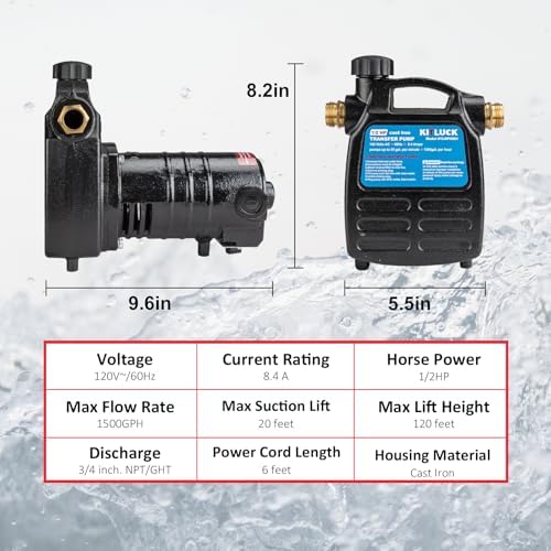 Water Transfer Garden Pump, 1.6 HP 1000GPH Portable Electric Shallow Well Jet Pump, Stainless Steel Sprinkler Pressure Booster Pump for Pool Draining, Lawn Fountain, Irrigation, Water Removal