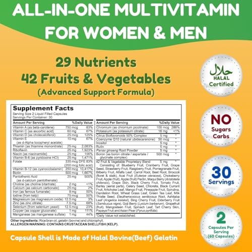 SHIFAA NUTRITION Halal Multivitamins for Women, Men & Adults, 30 Servings | Iron, Vitamin A, B6, B12, Biotin, Niacin, C, D3, E, Zinc, Calcium