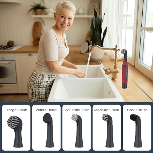 LifeBasis Cordless Electric Cleaning Brush | Power Scrubber with 5 Replacement Brush Heads for Bathroom Kitchen Grout Tile Crevice Corner (Batteries