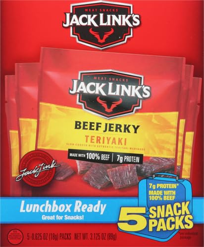 Jack Link's Teriyaki Beef Jerky Multipack - (5 Pack) 0.625 oz Bags - Ready to Eat Real Meat Protein Snacks - 7g Protein per Serving - Made with 100% Real Beef | Bags - Ready to Eat Real Meat Protein Snacks - 7g Protein per Serving - Made with 100% Real B…