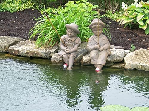 Fishing Boy & Girl Cast Stone Statues - Sculptures - Classic Iron Finish - Great Garden Gift Idea!