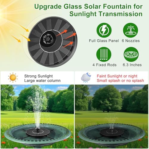 SEIRMEP Solar Fountain Pump with Spray Height Adjustment, Upgrade Glass Solar Bird Bath Fountains with 6 Nozzles