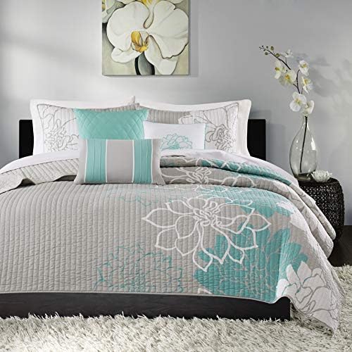 Madison Park Cotton Casual Floral Quilt Set, 6PC Full/Queen Coverlet | Channel Stitching Design, All Season, Lightweight Coverlet Bedspread Bedding, Shams, Decorative Pillows, Taupe Grey/Purple