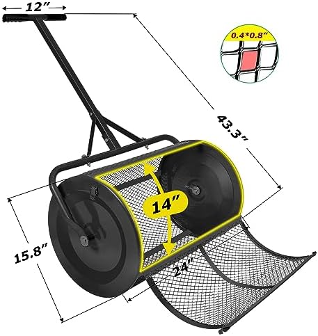 Seeutek Compost Spreader, 24" Peat Moss Spreader with 3 Heights | Push or Tow Top Soil Spreader W/Upgraded Side Latches Support Rod Powder Coated Metal Mesh Top Dressing Spreader for Lawn