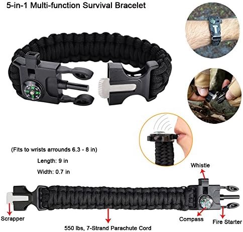 XUANLAN Emergency Survival Kit 13 in 1, Outdoor Survival Gear Tool with Survival Bracelet, Fire Starter, Whistle, Wood Cutter, Water Bottle Clip