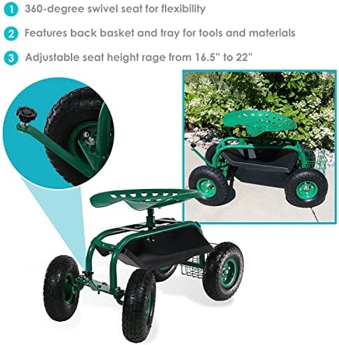 Sunnydaze Rolling Garden Cart with Seat - Garden Stool with Wheels and Adjustable 360-Degree Swivel Seat - Utility Tool Tray and Storage Basket - Green