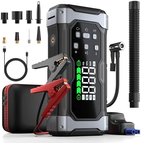 All-Around 9000A Jump Starter with 150PSI Air Compressor/Deflator, 12V Portable Car Booster (All Gas/14L Diesel), 9-in-1 Power Pack with Real-Time LCD