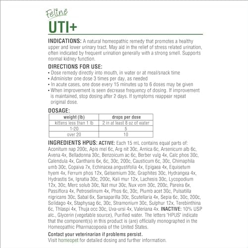 HomeoPet Feline UTI+ Urinary Tract Supplement for Cats, 15 Milliliters | Natural urinary tract support for cats, safe and gentle homeopathic formula, liquid drops suitable for daily use