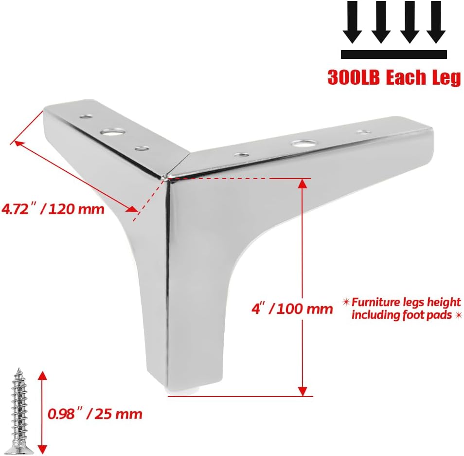 4 Pack 4 Inch Furniture Legs, Chrome Metal Polished Triangle Feet