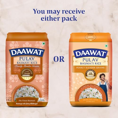 Daawat Pulav Basmati Rice | Naturally Aged Long & Slender Grains | Fluffy Non-Sticky Texture | Perfect for Pulav & Everyday Meals, 1 kg (2.2 lb)