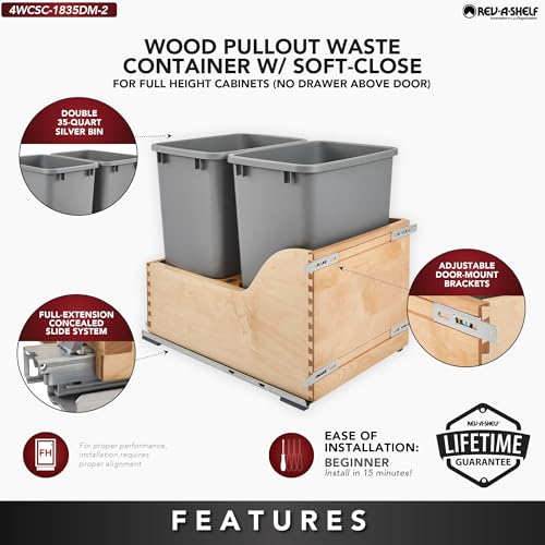 Rev-A-Shelf Pullout Trash Cans for Kitchen Cabinet, Dual 35 Qt Bins with 15" Wood Frame - Large Garbage Bin Containers for Home Waste Storage and Recycling | w/ Soft Close, Under Cabinet Waste/ Recycling Bin, Maple Wood Bottom Mount w/Full Extension Ball…