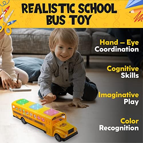 Yellow School Bus with Flashing LED Lights and Bus Sounds. Bump and Go Action Bus for Boys and Girls 3 Years Old and Above