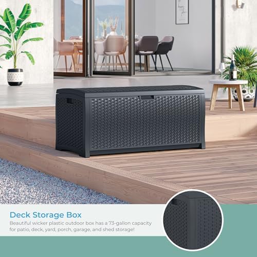 Suncast Outdoor Storage Box - 73 Gallon Mocha Brown Deck Box for Patio, weather-resistant Outdoor Storage Bench, Resin Wicker Style, Heavy-Duty, Lockable Lid for Cushions, Shoes, Pool & Garden Gear