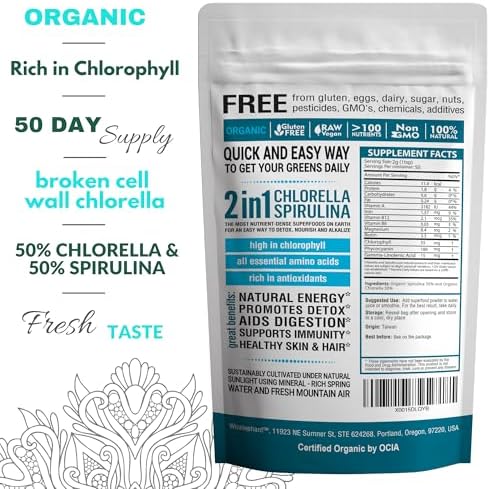 Chlorella Spirulina Powder Organic | Super Greens Powder and Smoothie Mix | Rich in Chlorophyll for Immune Support and Energy | Raw Vegan Protein