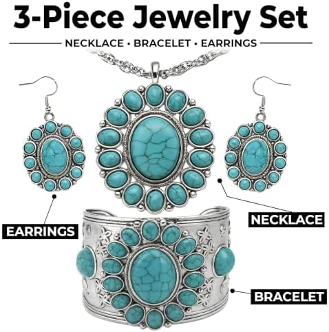 Shop LC Howlite Western Jewelry Set for Women Boho Cowgirl | 3-Piece Necklace Bracelet Earrings, Turquoise-Inspired, Chunky Statement, Southwestern