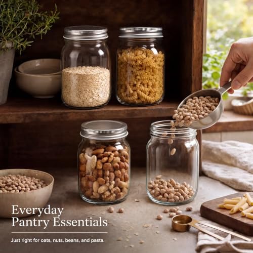 YINGERHUAN Glass Regular Mouth Mason Jars, 16 oz Clear Glass Jars with Silver Metal Lids for Sealing, Canning Jars for Food Storage, Overnight Oats