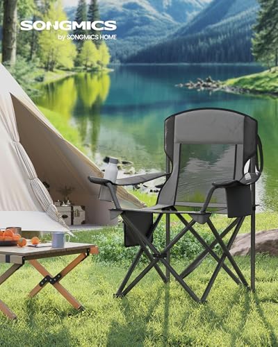 SONGMICS Camping Chair, Folding Oversized Chair, Comfortable and Heavy-Duty, 352 lb Weight Capacity, Adjustable Armrests with Cooler Bag, Storage Bag, Breathable Mesh, Bijou Blue UGCB060Q01