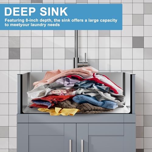Goodyo Utility Sink with Cabinet 24 Inch Laundry Room Sink Cabinet 304 Stainless Steel Sink Combo White