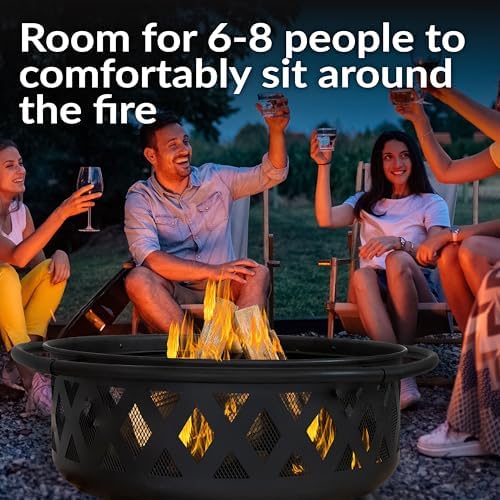 Sunnydaze Crossweave Large Outdoor Fire Pit, Wood Burning, Round, 36" | Black, Heavy Duty Steel Metal, Patio Fire Pit with Spark Screen, Poker, & Cover, Wood Firepit for Outside, Backyard, or Deck