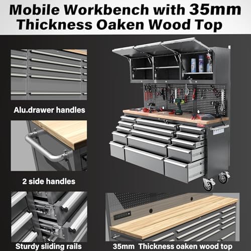 HAUTMEC 72" Rolling Tool Chest with 15 Lockable Drawers & 3 Upper Cabinets, Heavy-Duty 16-Gauge Steel Garage Workbench with Solid Oak Top