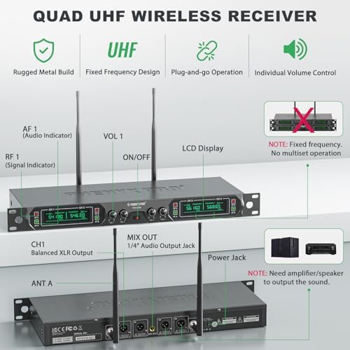 Phenyx Pro 4-Ch UHF Fixed Frequency Wireless Microphone System PTU-5000-4H | 4 Dynamic Handheld Mics, Metal Build, 260 ft Range, Singing