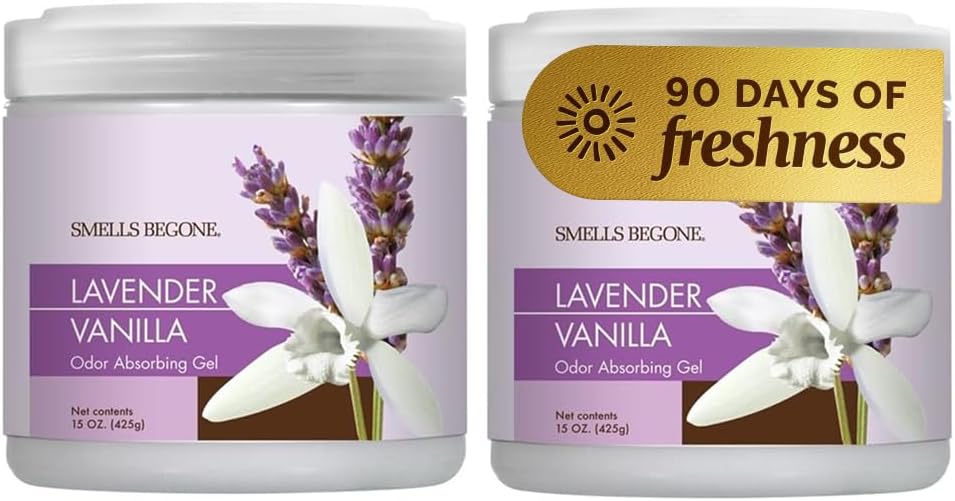 SMELLS BEGONE 15oz Gel Odor Eliminator - Absorb & Remove Tough Odors in Pet Areas, Bathrooms, Basements, Garage, Cars, RVs & Boats - Eliminate Odors Quickly (1-Pack, Lavender Vanilla)