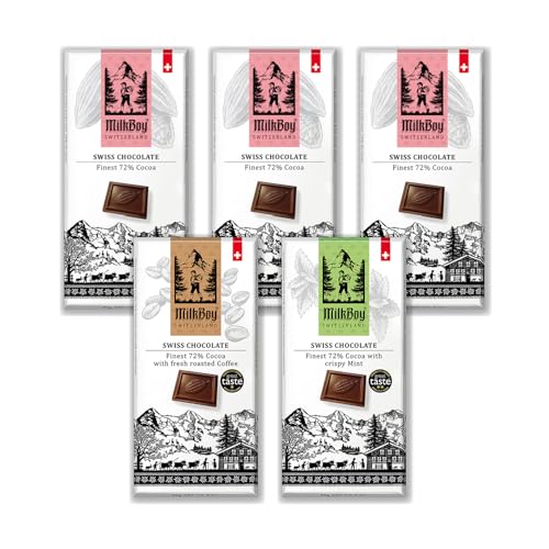 MilkBoy Swiss Chocolates Chocolate Bar Variety Flavors - 3 oz, 5 Pack | Includes milk, dark, white bourbon vanilla, caramel sea salt & almond flavors. Rainforest Alliance certified cocoa. Kosher.