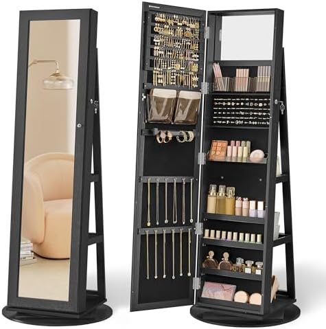 SONGMICS 360° Swivel Jewelry Cabinet, Full-Length Mirror, Lockable