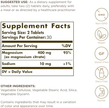 Solgar Magnesium Citrate, 120 Tablets - Promotes Calm, Non-GMO, Gluten Free | Supports Muscle Function and Relaxation, Gluten Free - 120 Tablet Serving