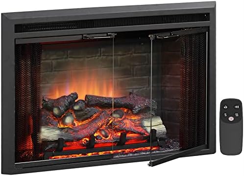 PuraFlame Klaus Electric Fireplace Insert with Fire Crackling Sound, Glass Door and Mesh Screen, 750/1500W, Black, 29 15/16 Inches Wide