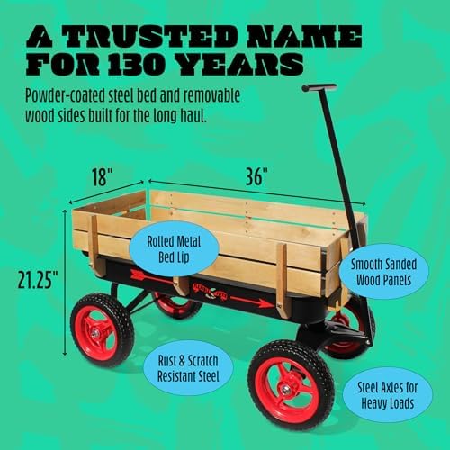 Flexible Flyer All-Terrain Wagon for Kids with Steel Bed & Wood Sides, Extra-Long Pull Handle for Adults, Heavy Duty Toy, Garden & Beach Baby Wagon
