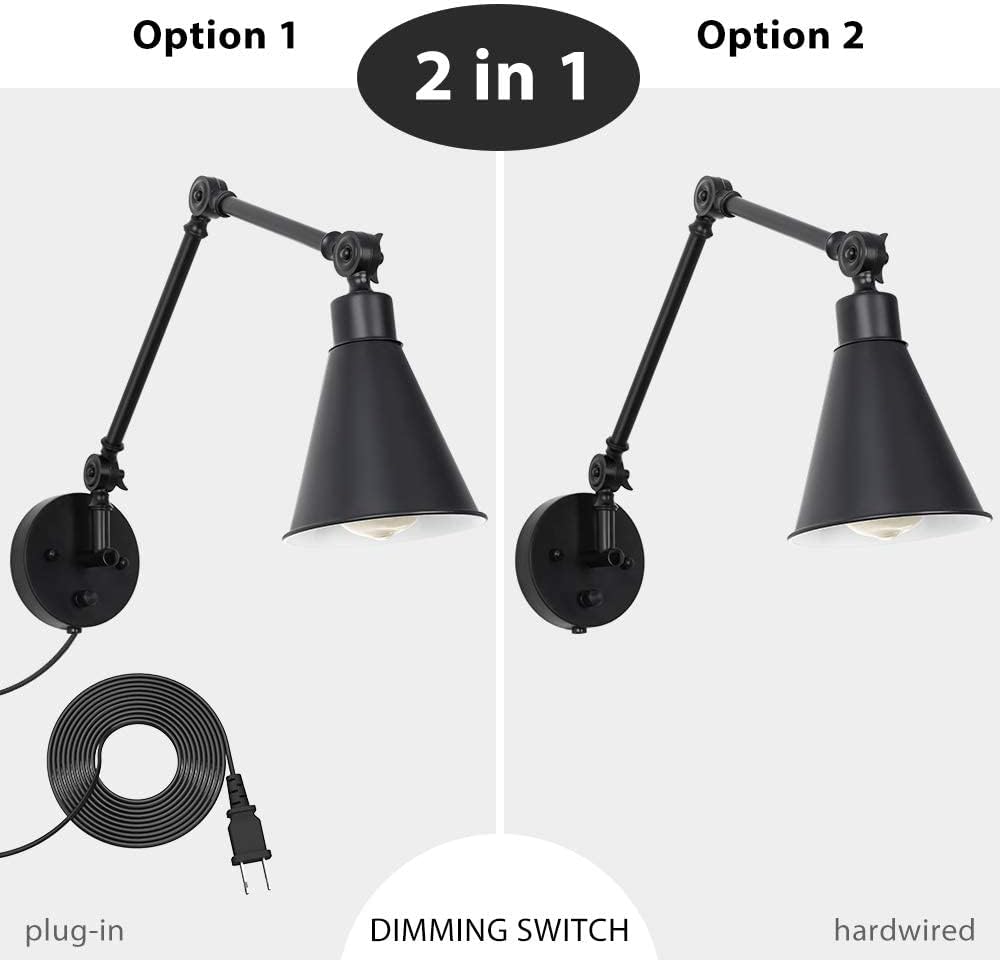 CADUKE Swing Arm Wall Lamp for Bedroom, Set of 2 Plug in Wall Light Fixture with Dimmable Switch