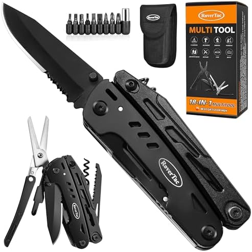 RoverTac 18-in-1 Multitool Pocket Knife with Pliers, Saw, Corkscrew & Detachable Scissors, Multi Tool with Safety Lock, 9 Screwdriver Bits