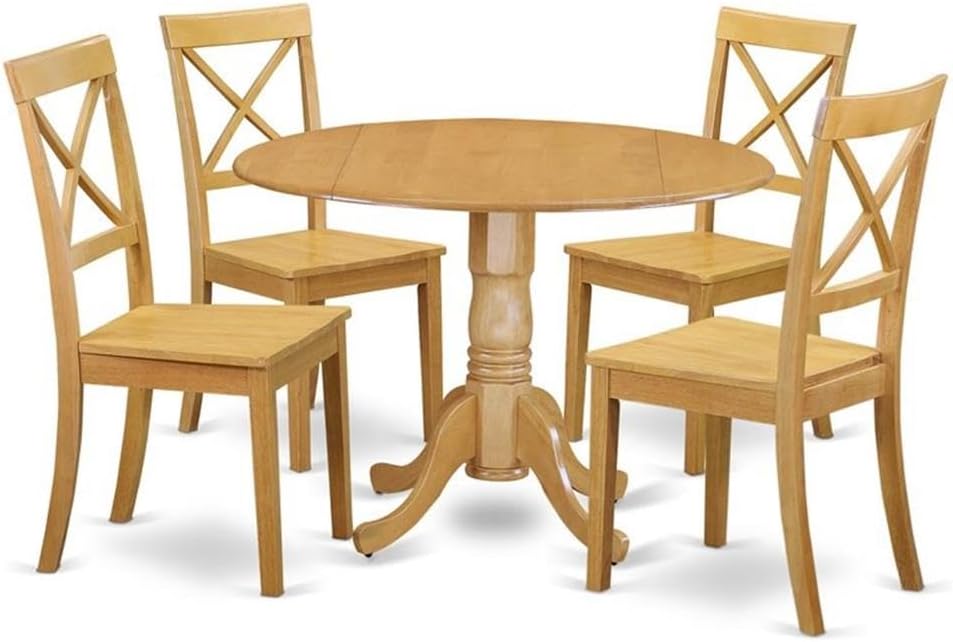 East West Furniture DLBO3-WHI-W 3 Piece Dining Room Table Set Contains a Round Kitchen Table with Dropleaf and 2 Dining Chairs, 42x42 Inch, Linen White