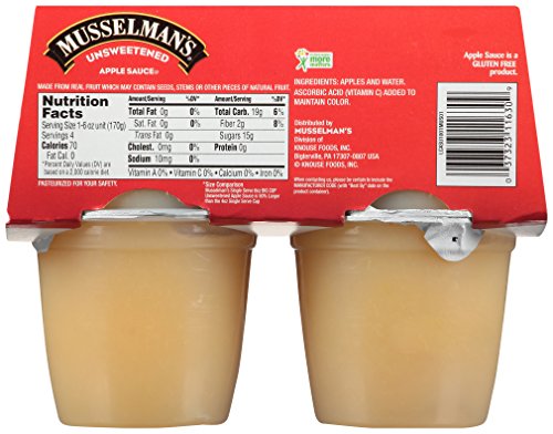 Musselman's Unsweetened Apple Sauce - low calorie, gluten free snack, low sodium, kosher, fat-free, no cholesterol, no high fructuse corn syrup, from 100% fresh American Grown Apples. (24oz x 12)