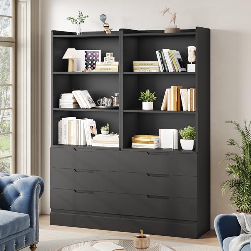 DICTAC 73.23'' Tall Storage Cabinet Bookcase with 3 Drawers and 3-Tier Open Shelves Wooden Bookshelf Kitchen Pantry Storage Organizer Cabinets for Living Room, Study, Kitchen,Bathroom,White