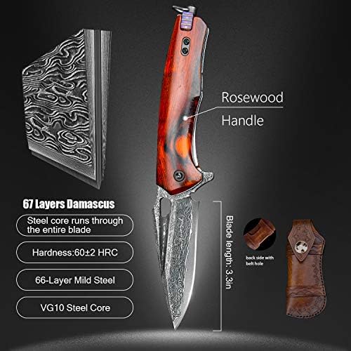 Damascus steel multifunctional EDC folding knife with self assembling pocket clip, lining lock, leather sheath, one piece disassembly pocket knife