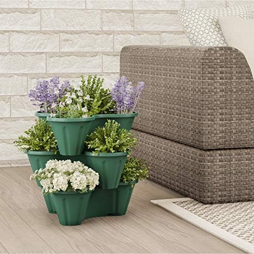 Set of 3 Stacking Planter Tower - 3-Tier Space Saving Flower Pots - Indoor/Outdoor Vertical Herb and Vegetable Planter by Pure Garden (Hunter Green)