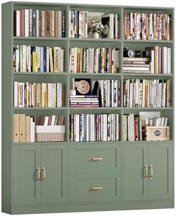 HOSTACK 71" Tall Triple Wide Bookshelf with Storage Drawers & Doors, Green | Large Bookcase with Cabinet, Modern 6-Tier Open Display Shelves, Wood Book Shelf for Living Room, Home Office