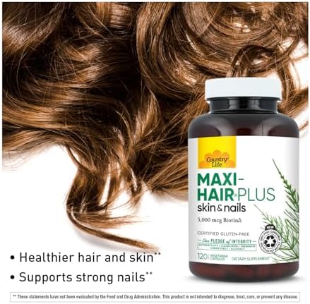 Country Life Maxi-Hair Plus 5,000 mcg Biotin, 120 Capsules | 1,200 mg Maxi Blend with MSM, L-methionine, L-cysteine and horsetail extract; 30 servings