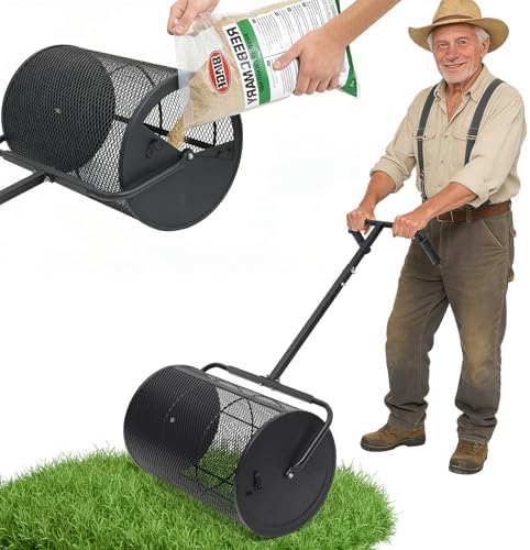Compost Spreader 24in Peat Moss Spreader - U Shaped Comfortable Handle & Adjustable Height Powder-Coated Metal Mesh Hand Fertilizer Spreader for