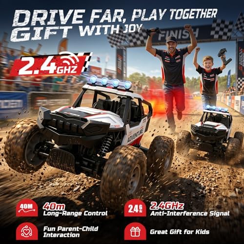 DEERC DE125 1:14 RC Car for Kids,4WD Remote Control Off-Road Monster Truck | RC Rock Crawler with Mist Spray,Metal Shell, LED Lights, 2.4GHz All-Terrain Car, 2 Batteries, Gifts for Beginners and boys