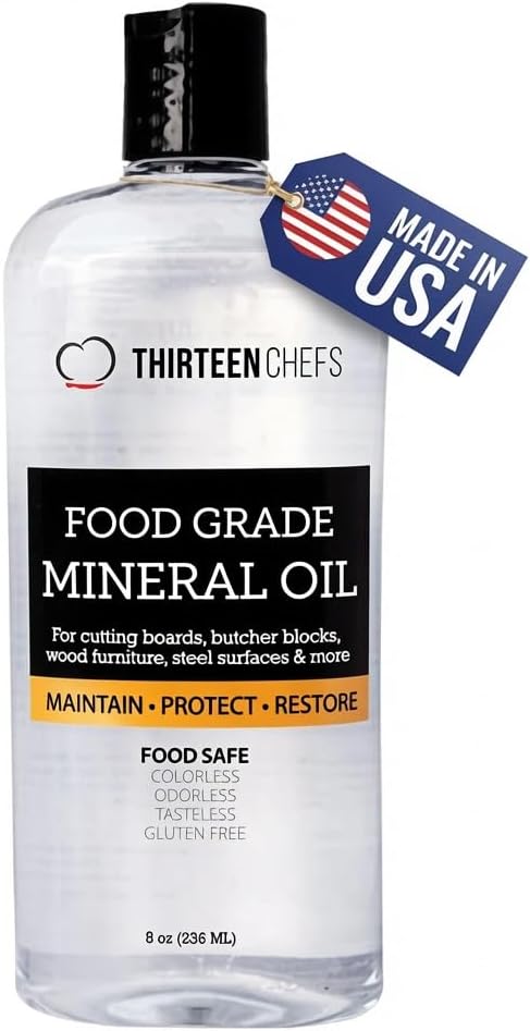 Thirteen Chefs Mineral Oil - 12oz Food Grade Conditioner for Wood Cutting Board, Countertop & Butcher Block, Lubricant for Knife or Meat Grinder - Safe USP Finish on Marble, Soapstone