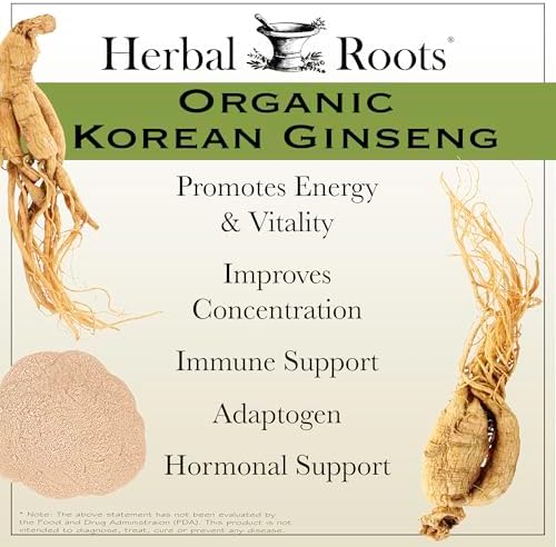 Herbal Roots Panax Ginseng | Organic Korean Ginseng Root Powder | 1000mg | High Ginsenosides for Energy & Performance | 60 Vegan Capsules